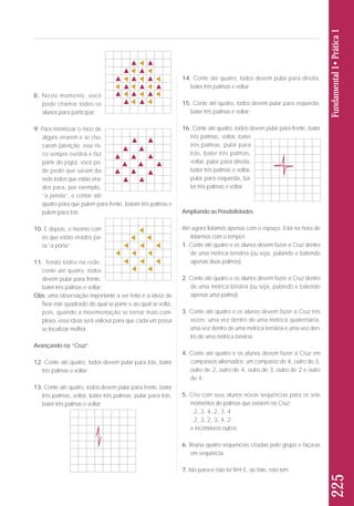 14. Conte até quatro, todos devem pular para direita, 
bater três palmas e voltar; 
15. Conte até quatro, todos devem pular para esquerda, 
bater três palmas e voltar; 
16. Conte até quatro, todos devem pular para frente, bater 
três palmas, voltar, bater 
três palmas, pular para 
trás, bater três palmas, 
voltar, pular para direita, 
ba ter três palmas e voltar, 
pu lar para esquerda, ba - 
ter três palmas e voltar. 
Ampliando as Possibilidades 
Até agora lidamos apenas com o espaço. Está na hora de 
lidarmos com o tempo! 
1. Conte até quatro e os alunos devem fazer a Cruz dentro 
de uma métrica ternária (ou seja, pulando e batendo 
apenas duas palmas); 
2. Conte até quatro e os alunos devem fazer a Cruz dentro 
de uma métrica binária (ou seja, pulando e batendo 
apenas uma palma); 
3. Conte até quatro e os alunos devem fazer a Cruz três 
vezes: uma vez dentro de uma métrica quaternária, 
uma vez dentro de uma métrica ternária e uma vez den-tro 
de uma métrica binária; 
4. Conte até quatro e os alunos devem fazer a Cruz em 
compassos alternados: um compasso de 4, outro de 3, 
outro de 2, outro de 4, outro de 3, outro de 2 e outro 
de 4; 
5. Crie com seus alunos novas sequências para os sete 
momentos de palmas que existem na Cruz: 
. 2, 3, 4, 2, 3, 4 
. 2, 3, 2, 3, 4, 2 
e incontáveis outros; 
6. Reúna quatro sequencias criadas pelo grupo e faça-as 
em sequência. 
7. Isto parece não ter fim! E, de fato, não tem. 
8. Neste momento, você 
pode chamar todos os 
alunos para participar; 
9. Para minimizar o risco de 
alguns errarem e se cho - 
carem (atenção: esse ris - 
co sempre existirá e faz 
parte do jogo), você po - 
de pedir que saiam da 
rede todos que estão vi ra - 
dos para, por exem plo, 
“a janela”, e contar até 
quatro para que pulem para frente, batam três palmas e 
pulem para trás; 
10. E depois, o mesmo com 
os que estão virados pa - 
ra “a porta”; 
11. Tendo todos na rede, 
con te até quatro, todos 
de vem pular para frente, 
ba ter três palmas e voltar; 
Obs: uma observação importante a ser feita é a ideia de 
fixar este quadrado do qual se parte e ao qual se volta, 
pois, quando a movimentação se tornar mais com-plexa, 
essa ideia será valiosa para que cada um possa 
se localizar melhor. 
Avançando na “Cruz” 
12. Conte até quatro, todos devem pular para trás, bater 
três palmas e voltar; 
13. Conte até quatro, todos devem pular para frente, bater 
três palmas, voltar, bater três palmas, pular para trás, 
bater três palmas e voltar; 
225 Fundamental 1• Prática 1 
 