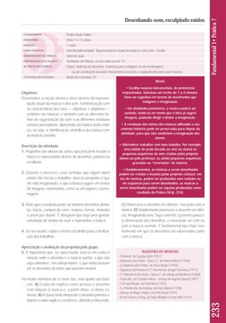 Objetivos: 
Desenvolver a escuta atenta e ativa através da represen-tação 
visual da música e dos sons. Familiarização com 
as características dos sons — objetivas e subjetivas — 
contidos nas músicas, e também com as diferentes for-mas 
de organização de sons e as diferentes estruturas 
sonoras perceptíveis. Apreensão da música pela crian - 
ça, ou seja, a identificação simbólica da criança com 
as músicas ouvidas. 
Descrição da atividade 
1. Proponha aos alunos da classe que procurem escutar a 
música e representá-la através de desenhos, pinturas ou 
esculturas. 
2. Durante o exercício, caso verifique que algum aluno 
ainda não iniciou o trabalho, deve-se perguntar o que 
ele está imaginando, o que a música sugere em termos 
de imagens, movimentos, cores ou até lugares e perso - 
na gens. 
3. Note que o resultado pode ser também desenhos abs tra - 
tos: traços, campos de cores, texturas, formas, símbolos 
e assim por diante. É desejável que haja uma grande 
variedade de modos de ouvir e representar a música. 
4. Se necessário, repita o trecho escolhido para a finaliza-ção 
dos trabalhos. 
Apreciação e avaliação da proposta pelo grupo 
5. É importante que, na apreciação, leve-se em conta a 
relação entre o desenho e a música ouvida, e que não 
se ja valorativa, mas interpretativa; e que todos possam 
ver os desenhos de todos que queiram mostrar. 
Há muitas maneiras de se fazer isso, mas quatro são bási-cas: 
A) Cada um explica como pensou o desenho 
com relação à música e, a partir disso, a classe co - 
men ta; B) A classe tenta interpretar o desenho primeiro e 
depois o autor explica e esclarece, abrindo à discussão; 
DICAS: 
• Escolha músicas instrumentais, de preferência 
orquestradas. Selecione um trecho de 1 a 4 minutos. 
Deve ser sugestiva em termos de movimentos que 
instiguem a imaginação. 
• Em atividades posteriores, a música poderá ser 
cantada, tendo-se em mente que a letra já sugere 
imagens, podendo dirigir e limitar a imaginação. 
• A revelação dos nomes das músicas utilizadas e seu 
contexto histórico pode ser preservada para depois da 
atividade, para que não condicione a imaginação dos 
alunos. 
• Alternativa: trabalhar com sons isolados. Por exemplo, 
uma batida de prato (tocado ao vivo na classe) ou 
pequenas sequências de sons criadas pelos próprios 
alunos ou pelo professor, ou ainda pequenas sequências 
gravadas ou “recortadas” de músicas. 
• Desdobramentos: as músicas a serem desenhadas 
podem ser criadas e tocadas pelas próprias crianças; em 
vez de músicas, podem ser produzidos sons isolados ou 
em sequência para serem desenhados; as músicas a 
serem desenhadas podem ser aquelas produzidas como 
resultado da Prática 08 (p. 234). 
C) Observa-se o desenho em silêncio, mas junto com a 
música; D) Simplesmente observa-se o desenho em silên-cio, 
imaginando sons. Seja como for, o primeiro passo é 
a observação dos desenhos, e essa pode ser com ou 
sem a música soando. É fundamental que haja esse 
momento em que os desenhos são observados junto 
com a música. 
233 Fundamental 1• Prática 7 
Desenhando sons, esculpindo ruídos 
COLABORADOR 
FAIXA ETÁRIA 
DURAÇÃO 
CARACTERÍSTICAS 
ORGANIZAÇÃO DO ESPAÇO 
ORGANIZAÇÃO DOS ALUNOS 
RECURSOS NECESSÁRIOS 
CONTEÚDO RELACIONADO 
Pedro Paulo Salles 
Entre 7 e 12 anos 
1 aula 
Interdisciplinaridade - Representação visual da música e dos sons - Grafia 
Sala de aula 
Sentados em fileiras, ou em roda ou em “U”. 
Papel, material de desenho, materiais para colagem ou de modelagem, 
ou de construção (sucata); instrumentos musicais e equipamento para ouvir música. 
Roda de conversa 10 
SUGESTÃO DE MÚSICAS: 
• Glissandi, de Gyorgy Ligeti (1957) 
• Variações para Piano - Opus 27, de Anton Webern (1936) 
• Le Marteau sains Maître, de Pierre Boulez (1955) 
• Sagração da Primavera (1º movimento), de Igor Stravinsky (1913) 
• 5ª Sinfonia em Do menor - Opus 67, de Ludwig van Beethoven (1808) 
• Tropicália, de Caetano Veloso – arranjo de Rogério Duprat (1967) 
• Com que Roupa, de Noel Rosa (1930) 
• E o Mundo não de Acabou, de Assis Valente (1938) 
• Money, de Roger Waters com Pink Floyd (1974) 
• It Don’t Mean a Thing, de Duke Ellington e Irving Mills (1931) 
 