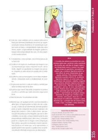 4. Feito isso, resta combinar com as crianças como será a 
leitura dos elementos trabalhados em termos de sequên-cia 
(visual e sonora), levando-se em consideração a pin-tura 
como um todo e a temporalidade implicada numa 
música. Assim, a espacialidade da imagem, poderá se 
traduzir numa temporalidade dos sons, em uma sequên-cia 
de eventos sonoros. 
5. Consideremos, como exemplo, cinco formas básicas de 
se fazer isso: 
a) Escolhe-se um trajeto de visualização da imagem a ser 
acompanhada por todos enquanto tocam; desse 
modo, alguém vai apontando na imagem esse percur-so, 
enquanto os outros tocam de acordo com o combi-nado; 
b) Escolhem-se dois ou mais trajetos a serem lidos simultane-amente, 
instaurando assim a simultaneidade de even-tos; 
c) Os percursos são livres e cada um realiza o caminho que 
quiser na leitura musical da obra; 
d) A pessoa que estiver indicando a trajetória na pintura 
escolhe o caminho que todos deverão seguir para 
tocar; 
e) Não há percurso, há uma leitura do todo. 
Lembremos que, em qualquer um dos casos (excetuando o 
último tipo), os trajetos podem ser lidos com ida e volta, 
ou seja, a leitura de um determinado elemento pictórico 
pode se repetir a depender do percurso realizado e do 
desejo dos criadores. Como o olhar errante, que pas-seia 
por uma pintura ou uma fotografia, que ora se atém 
a detalhes, ora ao todo, a música também pode ter uma 
temporalidade multidirecional. Além disso, o trabalho 
pode ter o objetivo de se chegar a uma composição 
final coletiva, que pode ser ensaiada e mesmo apresen-tada 
(tendo-se em mente que, se for apresentada, o 
quadro poderá estar exposto e o público deve ser prefe - 
ren cialmente informado do processo de elaboração). 
235 Fundamental 1• Prática 8 
DICA: 
• A escolha das pinturas ou desenhos tem como 
premissa básica que o professor tenha consciência 
dos desafios que cada tipo de imagem impõe à 
sua interpretação sonora e musical. Isso requer 
algum tempo de experiência, mas podemos 
adiantar que, as pinturas figurativas podem ser 
mais difíceis de serem interpretadas do que 
aquelas abstratas. Pelos mesmos motivos 
apontados na prática anterior (7), as pinturas 
figurativas requerem, em certos casos, uma 
interpretação mais abstrata e subjetiva, enquanto 
que as pinturas abstratas requerem uma leitura 
mais direta (mais “figurativa”) das imagens 
observadas e, por isso, às vezes, mais fáceis para 
o aluno. Podemos dizer que a pintura figurativa 
pode apresentar pelo menos dois tipos de 
desafios: a representação de paisagens sonoras 
(elementos da imagem que remetam a sons 
concretos, como passos, chuva etc.), e a 
representação de sentimentos, sensações e outros 
elementos que, a princípio não são sonoros (como 
o medo, o luar, a escuridão e outros elementos 
mais abstratos). 
SUGESTÃO DE IMAGENS: 
• A Asa da Calhandra, de Joan Miró (1967). 
• Azul II, de Joan Miró (1961) e todas as outras pinturas da série Azul. 
• O Chapéu faz o Homem, de Max Ernst (1920) 
• Alguns Círculos, Wassily Kandinsky (1926) 
• Amarelo, Vermelho e Azul, Wassily Kandinsky (1925) 
• Arquitetura Polifônica, Paul Klee (1936) 
• Thanksgiving, Dóris Lee (1942) 
• Pipas, Cândido Portinari (1941) 
• Perigos do Mar, Oswaldo Goeldi (1955) 
 