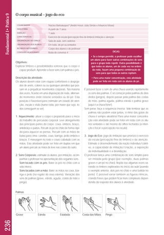 236 Fundamental 1• Prática 9 
O corpo musical – jogo do eco 
Objetivos: 
Explorar timbres e possibilidades sonoras que o corpo é 
capaz produzir. Aprender a fazer sons com palmas e pés. 
Descrição da atividade: 
Os alunos devem estar com roupas confortáveis e despoja-dos 
de anéis, colares ou ou quaisquer utensílios que pos-sam 
vir a prejudicar movimentos corporais. Na maioria 
das vezes, ficarão em uma disposição de roda, alternan-do 
momentos onde estarão sentados ou de pé. Esta 
posição é favorável para estimular um estado de aten - 
ção, escuta e visão (numa roda, por maior que seja, to - 
dos conseguem se ver). 
1. Aquecimento: ativar o corpo e prepará-lo para o início 
do trabalho de percussão corporal. Leve alongamento 
das principais partes do corpo: coxa, ombros, braço, 
antebraço e pulsos. Percutir os pé no chão de forma rápi-da 
para aquecer as pernas. Percutir com as mãos de 
baixo para cima: canelas, coxa, barriga, peito ombros e 
braços. E massagem no rosto e couro cabeludo com as 
mãos. Esta atividade pode ser feita em duplas em que 
um aluno percute as mãos de leve nas costas do outro. 
2. Sons Corporais: estimular os alunos, por imitação, acom-panhar 
o professor na apresentação dos seguintes sons: 
Som tocado com os pés: Bater os pés no chão com a 
sola inteira. 
Sons tocados com a mão: Bater as mãos na coxa, bar-riga 
e peito (na região do osso esterno). Variação dos 
sons de palmas (grave, estrela, aguda, costas de mão e 
pingo). 
É possivel fazer o som de uma chuva usando rapidamente 
os sons das palmas. É só começar pelas palmas de dois 
dedos (pingos), depois passar pela palma das costas 
de mão, palma aguda, palma estrela e palma grave 
(aqui é a chuva forte!). 
Sem parar, faça a sequência inversa. Vale lembrar que as 
palmas não podem estar juntas, o ritmo das gotas de 
chuva é sempre aleatório! Para uma maior concentra - 
ção esta atividade pode ser feita em roda com os alu - 
nos sentados e até mesmo de olhos fechados (a inten - 
ção é focar a percepção na escuta). 
3. Jogo do Eco: jogo de imitação que prioriza o exercício 
da escuta (percepção fina de timbres) e da atenção. 
Estimula o desenvolvimento da noção indivíduo/coleti-vo, 
a capacidade de imitação/criação, a exposição 
da individualidade e a desinibição. 
O professor lança uma combinação de sons simples para 
ser imitada pelo grupo (por exemplo, duas palmas 
graves e um pé no chão). Repita isso algumas vezes va - 
rian do os timbres explorados no início da aula (usando 
o exemplo anterior, dois pés no chão e uma batida no 
pei to). É possível variar também as figuras rítmicas, 
crian do frases que podem ficar mais complexas depen - 
den do da resposta dos alunos à atividade. 
COLABORADOR 
FAIXA ETÁRIA 
DURAÇÃO 
CARACTERÍSTICAS 
ORGANIZAÇÃO DO ESPAÇO 
ORGANIZAÇÃO DOS ALUNOS 
RECURSOS NECESSÁRIOS 
CONTEÚDO RELACIONADO 
Núcleo Barbatuques® (André Hosoi, João Simão e Maurício Maas) 
A partir de 7 anos 
1 aula 
Exercício de escuta (percepção fina de timbres) imitação e atenção 
Sala de aula, sem cadeiras 
Em roda, de pé ou sentados 
Corpo dos alunos e do professor 
Roda de conversa 4 DICAS: 
• Se o tempo permitir, o professor pode escolher 
um aluno para fazer outras combinações de sons 
para o grupo todo repetir. Outra possibilidade é 
que todos os alunos, um de cada vez na ordem 
da roda, façam uma pequena combinação de 
sons para que todos os outros repitam. 
• Para uma maior concentração, esta atividade 
pode ser feita em roda com os alunos de pé. 
Palmas 
Grave Estrela Estalada Costa das Mãos Pingo 
 