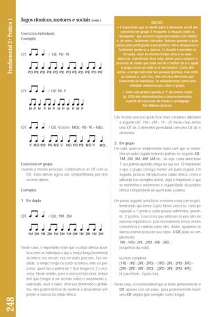 Exercícios individuais: 
Exemplos 
OT: / OE: PD - PE 
OT: / OE: M - P 
OT: / OE: V (dom) - MDc - PD - PE – MEc 
Exercícios em grupo 
Usando o mesmo princípio, combinam-se as OT com as 
OE. Estas últimas agora são compartilhadas por dois 
ou mais alunos. 
Exemplos: 
1. Em dupla 
OT: / OE: 1M - 2M 
Neste caso, é importante notar que a célula rítmica acon-tece 
entre os indivíduos e que o tempo longo (semínima) 
acontece ora em um, ora em outro parceiro. Na ver-dade, 
o tempo longo ou curto acontece entre os par-ceiros: 
quem faz a palma de 1 ficar longa é o 2 e vice-versa. 
Neste sentido, para o exercício funcionar, ambos 
têm que chegar a um acordo sobre o andamento e, 
sobretudo, ouvir o outro. Uma vez dominado o proble-ma, 
eles podem brincar de acelerar e desacelerar sem 
perder a clareza da célula rítmica. 
Este mesmo exercício pode ficar mais complexo utilizando 
a seguinte OE: 1M – 2M – 1P – 2P. Neste caso, temos 
uma OT de 3 elementos permutada com uma OE de 4 
elementos. 
2. Em grupo 
Em roda, pode-se simplesmente fazer com que se man te - 
nha um pulso regular batendo palmas na seguinte OE: 
1M, 2M, 3M, 4M, 5M etc., ou seja: cada aluno bate 
1 vez palmas quando chega na sua vez. O importante 
é que o grupo consiga manter um pulso regular. Em 
seguida, pode-se introduzir uma célula rítmica, como a 
utilizada nos exemplos acima. Aqui o importante é que 
se mantenha o andamento e regularidade do padrão 
rítmico independente de quem bate a palma. 
Um passo seguinte seria fazer a mesma coisa com os pés, 
lembrando que temos 2 pés! Neste exercício, cada pé 
equivale a 1 ponto e cada pessoa administra, portan-to, 
2 pontos. Exercícios que utilizam os pés são de 
extrema importância, pois normalmente temos menos 
consciência e controle sobre eles. Assim, ajudamos os 
alunos a tomar posse do seu corpo. A OE pode ser sim-plesmente: 
1PE - 1PD - 2PE - 2PD - 3PE - 3PD… 
(sequência da roda) 
ou mais complexa: 
(1PE - 1PD - 2PE - 2PD) – (1PD - 2PE - 2PD - 3PE) – 
(2PE - 2PD - 3PE - 3PD) – (2PD - 3PE - 3PD - 4PE) 
(4 para frente, 3 para trás). 
Neste caso, é recomendável que se treine primeiramente a 
OE apenas com um pulso, para posteriormente inserir 
uma OT simples (por exemplo: curto/longo). 
248 Fundamental 2• Prática 1 
Jogos rítmicos, motores e sociais (cont.) DICAS: 
• É importante que se atente para a dimensão social dos 
exercícios em grupo. É frequente a situação onde os 
“desajustes” que ocorrem sejam percebidos com nitidez 
e, às vezes, facilmente criticados. Todavia quando a ação 
passa pelo participante a perspectiva crítica desaparece e 
facilmente perde-se a clareza. O desafio é perceber-se 
em ação, estar ao mesmo tempo ativo e se auto-observar. 
O professor deve estar atento para conduzir o 
processo de modo que cada um dê o melhor de si e ajude 
o grupo como um todo a se harmonizar. Como dito 
acima, o tempo não está nas pessoas (pontos), mas entre 
as pessoas e, com isso, vive em uma dimensão que 
transcende os indivíduos, se estabelecendo como uma 
entidade autônoma por sobre o grupo. 
• Tanto esta prática quanto a 1ª do ensino médio 
(p. 255) são sistematizações e desenvolvimentos 
a partir de exercícios do músico e pedagogo 
Pär Ahlbom (Suécia). 
 