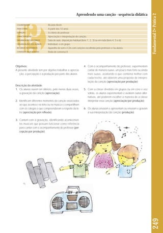Objetivos: 
A presente atividade tem por objetivo trabalhar a aprecia - 
ção, a percepção e a produção por parte dos alunos. 
Descrição da atividade: 
1. Os alunos ouvem em silêncio, pelo menos duas vezes, 
a gravação da canção (apreciação). 
2. Identificam diferentes momentos da canção associados 
ao que acontece na letra ou na música e compartilham 
com os colegas o que compreenderam a respeito da le - 
tra (apreciação por reflexão). 
3. Cantam com a gravação, identificando acontecimen-tos 
musicais que possam funcionar como referência 
para cantar com o acompanhamento do professor (per-cepção 
por produção). 
4. Com o acompanhamento do professor, experimentam 
cantar de maneira suave, um pouco mais forte ou ainda 
mais suave, avaliando o que combina melhor com 
cada trecho, até obterem uma proposta de interpre-tação 
da canção (apreciação por produção); 
5. Com a classe dividida em grupos ou em coro e voz 
solista, os alunos experimentam e avaliam outras alter-nativas, 
até poderem escolher a maneira de a classe 
interpretar essa canção (apreciação por produção); 
6. Os alunos ensaiam e apresentam ou ensaiam e gravam 
a sua interpretação da canção (produção). 
249 Fundamental 2• Prática 2 
Aprendendo uma canção - sequência didática 
COLABORADOR 
FAIXA ETÁRIA 
DURAÇÃO 
CARACTERÍSTICAS 
ORGANIZAÇÃO DO ESPAÇO 
ORGANIZAÇÃO DOS ALUNOS 
RECURSOS NECESSÁRIOS 
CONTEÚDO RELACIONADO 
Ricardo Breim 
A partir dos 10 anos 
A critério do professor 
Apreciação e interpretação de canção. 
Sala de aula, disposição habitual (itens 1, 2, 3) ou em roda (itens 4, 5 e 6). 
Individual, e em grupo. 
Aparelho de som e CDs com canções escolhidas pelo professor e/ou alunos. 
Roda de conversa 8 
 