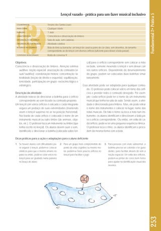Objetivos: 
Consciência e dissociação de timbres. Atenção seletiva 
auditiva; noção espacial; associação de conteúdos (vi - 
sual/auditivo); coordenação motora; concentração; la - 
te ralidade (noção de direita e esquerda); equilibração, 
tonicidade, participação em grupo; raciocínio lógico e 
estratégico. 
Descrição da atividade: 
A atividade trata-se de direcionar a bolinha para o orifício 
correspondente ao som tocado ou conteúdo proposto. 
Um lençol com vários orifícios é esticado e cada integrante 
segura um pedaço de suas extremidades (mantendo 
assim o lençol suspenso no ar na posição horizontal). 
Na borda de cada orifício é colocado o nome de um 
ins trumento musical ou outro timbre (de animais, obje-tos, 
etc.). O professor toca um instrumento ou timbre (que 
tenha escrito no lençol). Os alunos devem ouvir o som, 
identificá-lo e direcionar a bolinha (colocada sobre len - 
çol) para o orifício correspondente sem colocar a mão 
na bola, somente mexendo o lençol e sem deixar cair 
nos outros orifícios. Dependendo do desenvolvimento 
do grupo, podem ser colocadas duas bolinhas simul-taneamente. 
Essa atividade pode ser adaptada para qualquer conteú-do. 
O professor pode colocar velcro em torno dos orifí-cios 
e prender neles o conteúdo desejado. Por exem - 
plo: cada orifício pode ter o nome de um instrumento 
musical que tenha na sala de aula. Sendo assim, a ativi-dade 
é direcionada para timbres. Mas, ele pode retirar 
o nome dos instrumentos e colocar no lugar, nome das 
notas musicais. Ele fala o nome ou toca a nota num ins - 
trumento, os alunos identificam e direcionam a bola pa - 
ra o orifício correspondente. Ou então, em volta de ca - 
da orifício, pode-se ter uma pequena sequência rítmica. 
O professor toca o ritmo, os alunos identificam e proce-dem 
da mesma forma com a bola. 
253 Fundamental 2• Prática 5 
Lençol vazado - prática para um fazer musical inclusivo 
COLABORADOR 
FAIXA ETÁRIA 
DURAÇÃO 
CARACTERÍSTICAS 
ORGANIZAÇÃO DO ESPAÇO 
ORGANIZAÇÃO DOS ALUNOS 
RECURSOS NECESSÁRIOS 
CONTEÚDO RELACIONADO 
Viviane dos Santos Louro 
Qualquer idade 
1 aula 
Consciência e dissociação de timbres 
Sala de aula, sem cadeiras. 
Atividade coletiva 
Bola de tênis ou borracha; um lençol de casal ou pano de cor clara, sem desenhos, de tamanho 
correspondente ao do lençol com diversos orifícios (suficiente para deixar a bola passar). 
Roda de conversa 9 
Dicas práticas para a ação e adaptações para o aluno deficiente 
1. Se houver alunos com dificuldades pa - 
ra segurar o lençol, podem-se colocar 
elásticos para que o mesmo amarre no 
pulso ou então, pode-se colar velcro no 
lençol para ser grudado numa pulseira 
no braço do aluno. 
2. Para um grupo mais comprometido do 
ponto de vista cognitivo ou mesmo mo - 
tor, podem-se fazer poucos orifícios no 
lençol para facilitar o jogo. 
3. Para pessoas com visão subnormal, a 
bolinha precisa ser colorida e ter guiso 
dentro, para facilitar através do som a 
no ção espacial. Em volta dos orifícios, 
po dem-se pintar de cores bem fortes 
pa ra ajudar na identificação visual dos 
mesmos. 
 