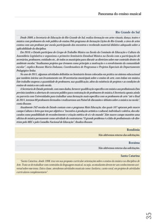 Rio Grande do Sul 
Desde 2009, a Secretaria de Educação do Rio Grande do Sul, realiza formação em artes visuais, dança, teatro e 
música com professores da rede pública de ensino. Pelo programa de formação Lições do Rio Grande, a área de artes 
contou com um professor por escola participando dos encontros e recebendo material didático adequado sobre a 
aplicabilidade da disciplina. 
Em 2010, o Estado participou do Grupo de Trabalho Música na Escola da Comissão de Educação e Cultura da 
Assembleia Legislativa e organizou o primeiro Seminário Estadual Música na Escola com a participação de 
secretários, professores, entidades etc., de todos os municípios para discutir as diretrizes sobre esse conteúdo dentro do 
ambiente escolar. “Analisamos projetos que tivessem como princípio a motivação e o envolvimento da comunidade 
escolar”, explica Rozane Maria Dalsasso, Coordenadora de Programas e Projetos Especiais do Departamento 
Pedagógico/Seduc. 
No ano de 2011, algumas atividades definidas no Seminário foram colocadas em prática no sistema educacional 
que também iniciou um levantamento em 30 secretarias municipais sobre o ensino de arte, com ênfase em música. 
Este trabalho mapeou a quantidade de professores, sua qualificação, além da existência de projetos e as condições do 
ensino de música em cada escola. 
A Secretaria de Estado pretende, com esses dados, fornecer qualificação específica em música aos profissionais. Esta 
prevista também a abertura de concurso público para contratação de professores de música. A Secretaria aposta ainda 
na parceria com Universidades para trabalhar uma formação mais específica com os professores de arte: “até o final 
de 2011, teremos 60 professores formados e realizaremos um Painel de discussões e debates sobre a música na escola”, 
conta Rozane. 
Atualmente 242 escolas do Estado contam com o programa Mais Educação, das quais 167 optaram pelo macro 
campo Cultura e Artes que tem por objetivo o “incentivo à produção artística e cultural, individual e coletiva, dos edu-candos 
como possibilidade de reconhecimento e criação estética de si e do mundo”. Este macro campo mantém uma 
oficina de música permanente como atividade do contraturno. “O grande problema é a falta de profissionais e de dire-trizes 
pelo MEC e pelo Conselho Nacional de Educação”, finaliza Rozane. 
Rondônia 
Não obtivemos retorno das solicitações. 
Roraima 
Não obtivemos retorno das solicitações. 
Santa Catarina 
“Santa Catarina, desde 1998, traz em sua proposta curricular orientações sobre o ensino da música na disciplina de 
Arte. Trata-se de trabalhar com conteúdos da linguagem musical, ou seja, os estudantes devem ter um conhecimento uni-versal 
sobre esse tema. Extra classe, atendemos atividades musicais como: fanfarra, canto coral, em projetos de atividades 
curriculares complementares”. 
35 
Panorama do ensino musical 
 
