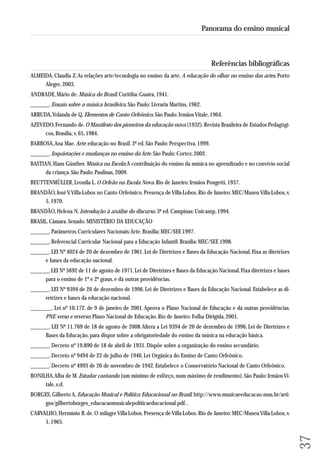 Referências bibliográficas 
ALMEIDA, Claudia Z. As relações arte/tecnologia no ensino da arte. A educação do olhar no ensino das artes. Porto 
Alegre, 2003. 
ANDRADE, Mário de. Música do Brasil. Curitiba: Guaíra, 1941. 
_______. Ensaio sobre a música brasileira. São Paulo: Livraria Martins, 1962. 
ARRUDA, Yolanda de Q. Elementos de Canto Orfeônico. São Paulo: Irmãos Vitale, 1964. 
AZEVEDO, Fernando de. O Manifesto dos pioneiros da educação nova (1932). Revista Brasileira de Estudos Pedagógi-cos, 
Brasília, v. 65, 1984. 
BARBOSA, Ana Mae. Arte: educação no Brasil. 3ª ed. São Paulo: Perspectiva, 1999. 
_______. Inquietações e mudanças no ensino da Arte. São Paulo: Cortez, 2002. 
BASTIAN, Hans Günther. Música na Escola: A contribuição do ensino da música no aprendizado e no convívio social 
da criança. São Paulo: Paulinas, 2009. 
BEUTTENMÜLLER, Leonila L. O Orfeão na Escola Nova. Rio de Janeiro: Irmãos Pongetti, 1937. 
BRANDÃO, José V. Villa-Lobos no Canto Orfeônico. Presença de Villa-Lobos. Rio de Janeiro: MEC/Museu Villa-Lobos, v. 
5, 1970. 
BRANDÃO, Helena N. Introdução à análise do discurso. 3ª ed. Campinas: Unicamp, 1994. 
BRASIL. Câmara. Senado. MINISTÉRIO DA EDUCAÇÃO 
_______. Parâmetros Curriculares Nacionais: Arte. Brasília: MEC/SEF, 1997. 
_______. Referencial Curricular Nacional para a Educação Infantil. Brasília: MEC/SEF, 1998. 
_______. LEI Nº 4024 de 20 de dezembro de 1961. Lei de Diretrizes e Bases da Educação Nacional. Fixa as diretrizes 
e bases da educação nacional. 
_______. LEI Nº 5692 de 11 de agosto de 1971. Lei de Diretrizes e Bases da Educação Nacional. Fixa diretrizes e bases 
para o ensino de 1º e 2º graus, e dá outras providências. 
_______. LEI Nº 9394 de 20 de dezembro de 1996. Lei de Diretrizes e Bases da Educação Nacional. Estabelece as di-retrizes 
e bases da educação nacional. 
________. Lei nº 10.172, de 9 de janeiro de 2001. Aprova o Plano Nacional de Educação e dá outras providências. 
PNE verso e reverso: Plano Nacional de Educação. Rio de Janeiro: Folha Dirigida, 2001. 
_______. LEI Nº 11.769 de 18 de agosto de 2008. Altera a Lei 9394 de 20 de dezembro de 1996, Lei de Diretrizes e 
Bases da Educação, para dispor sobre a obrigatoriedade do ensino da música na educação básica. 
_______. Decreto nº 19.890 de 18 de abril de 1931. Dispõe sobre a organização do ensino secundário. 
_______. Decreto nº 9494 de 22 de julho de 1946. Lei Orgânica do Ensino de Canto Orfeônico. 
_______. Decreto nº 4993 de 26 de novembro de 1942. Estabelece o Conservatório Nacional de Canto Orfeônico. 
BONILHA, Alba de M. Estudar cantando (um mínimo de esfôrço, num máximo de rendimento). São Paulo: Irmãos Vi-tale, 
s.d. 
BORGES, Gilberto A. Educação Musical e Política Educacional no Brasil, http://www.musicaeeducacao.mus.br/arti-gos/ 
gilbertoborges_educacaomusicalepoliticaeducacional.pdf. . 
CARVALHO, Hermínio B. de. O milagre Villa-Lobos. Presença de Villa-Lobos. Rio de Janeiro: MEC/Museu Villa-Lobos, v. 
1, 1965. 
37 
Panorama do ensino musical 
 