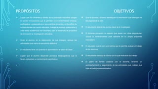 PROPÓSITOS OBJETIVOS
 Lograr que los docentes a través de la propuesta educativa pongan
en acción innovaciones que le permitan una transformación creativa,
participativa y colaborativa en sus prácticas docentes, en beneficio de
los estudiantes del centro educativo, trabaje de manera colaborativa y
cree redes académicas con docentes, para el desarrollo de proyectos
de innovación e investigación educativa.
 Guiar al alumno en la elaboración de sus trabajos, aplique las
actividades que marca la secuencia didáctica
 El estudiante lleve a la práctica lo aprendido en el salón de clase
 Lograr que el alumno desarrolle procesos metacognitivos que lo
lleven a alcanzar un conocimiento significativo
•
 Que el docente y alumno identifiquen la información que obtengan de
las páginas de la web
 El estudiante detecte los puntos clave de lo investigado
 El docente encuentre la relación que existe con otras asignaturas,
ubique la transversalidad para aplicarla en su propia propuesta
innovadora
 El educador cuente con una rúbrica que le permita evaluar el trabajo
de los alumnos
 El estudiante conozca la rúbrica con la que evaluarán su trabajo
 El padre de familia colabore con el docente, llevando un
acompañamiento y seguimiento de las actividades que realizan sus
hijos en este proceso educativo.
 