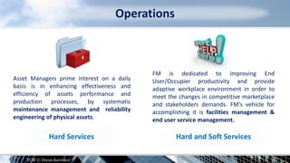 Operations
Asset Managers prime interest on a daily
basis is in enhancing effectiveness and
efficiency of assets performance and
production processes, by systematic
maintenance management and reliability
engineering of physical assets.
FM is dedicated to improving End
User/Occupier productivity and provide
adaptive workplace environment in order to
meet the changes in competitive marketplace
and stakeholders demands. FM’s vehicle for
accomplishing it is facilities management &
end user service management.
Hard Services Hard and Soft Services
TCM © Deyan Kavrakov
 