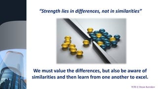 “Strength lies in differences, not in similarities”
We must value the differences, but also be aware of
similarities and then learn from one another to excel.
TCM © Deyan Kavrakov
 