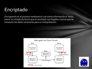 Encriptado
Encriptación es el proceso mediante el cual cierta información o "texto
plano" es cifrado de forma que el resultado sea ilegible a menos que se
conozcan los datos necesarios para su interpretación.
 