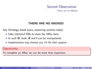 Second Observation
There are no ABoxes
THERE ARE NO ABOXES!
Any Ontology based query answering systems today:
• Uses relat...