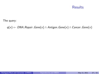 Results
The query:
q(x) ← DNA Repair Gene(x) ∧ Antigen Gene(x) ∧ Cancer Gene(x)
Rodriguez-Muro and Calvanese (UNIBZ) Depen...