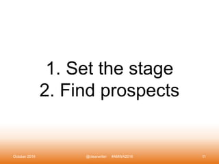 1. Set the stage
2. Find prospects
October 2016 @clearwriter #AMWA2016 11
 