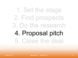 October 2016 @clearwriter #AMWA2016 61
1. Set the stage
2. Find prospects
3. Do the research
4. Proposal pitch
5. Close th...