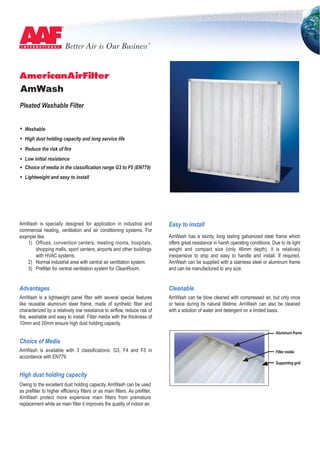 AmWash
Pleated Washable Filter
Washable
High dust holding capacity and long service life
Reduce the risk of fire
Low initial resistance
Lightweight and easy to install
Choice of media in the classification range G3 to F5 (EN779)
AmWash is specially designed for application in industrial and
commercial heating, ventilation and air conditioning systems. For
example like:
AmWash is a lightweight panel filter with several special features
like reusable aluminum steel frame, made of synthetic fiber and
characterized by a relatively low resistance to airflow, reduce risk of
fire, washable and easy to install. Filter media with the thickness of
10mm and 20mm ensure high dust holding capacity.
Advantages
AmWash is available with 3 classifications: G3, F4 and F5 in
accordance with EN779.
Choice of Media
Owing to the excellent dust holding capacity, AmWash can be used
as prefilter to higher efficiency filters or as main filters. As prefilter,
AmWash protect more expensive main filters from premature
replacement while as main filter it improves the quality of indoor air.
High dust holding capacity
Easy to install
AmWash has a sturdy, long lasting galvanized steel frame which
offers great resistance in harsh operating conditions. Due to its light
weight and compact size (only 46mm depth), it is relatively
inexpensive to ship and easy to handle and install. If required,
AmWash can be supplied with a stainless steel or aluminum frame
and can be manufactured to any size.
Cleanable
AmWash can be blow cleaned with compressed air, but only once
or twice during its natural lifetime. AmWash can also be cleaned
with a solution of water and detergent on a limited basis.
Aluminum frame
Filter media
Supporting grid
1) Offices, convention centers, meeting rooms, hospitals,
shopping malls, sport centers, airports and other buildings
with HVAC systems.
2) Normal industrial area with central air ventilation system.
3) Prefilter for central ventilation system for CleanRoom.
 