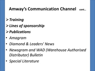 Amway’s Communication Channel      cont…



Training
Lines of sponsorship
Publications
• Amagram
• Diamond & Leaders' News
• Newsgram and WAD (Warehouse Authorised
  Distributor) Bulletin
• Special Literature
 