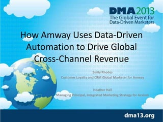 How Amway Uses Data-Driven
Automation to Drive Global
Cross-Channel Revenue
Emily Rhodes
Customer Loyalty and CRM Global Marketer for Amway
Heather Hall
Managing Principal, Integrated Marketing Strategy for Acxiom
 