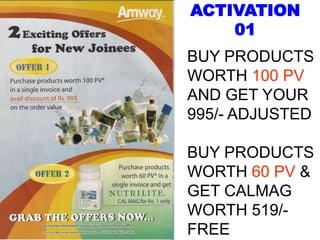 ACTIVATION
01
BUY PRODUCTS
WORTH 100 PV
AND GET YOUR
995/- ADJUSTED
BUY PRODUCTS
WORTH 60 PV &
GET CALMAG
WORTH 519/-
FREE
 