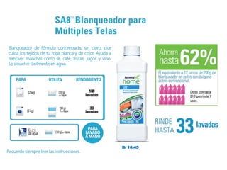 Blanqueador de fórmula concentrada, sin cloro, que
cuida los tejidos de tu ropa blanca y de color. Ayuda a
remover manchas como té, café, frutas, jugos y vino.
Se disuelve fácilmente en agua.
Recuerde siempre leer las instrucciones.
B/ 18.45
 