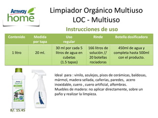 Limpiador Orgánico Multiuso
LOC - Multiuso
Instrucciones de uso
Contenido Medida
por tapa
Uso
regular
Rinde Botella dosificadora
1 litro 20 ml.
30 ml por cada 5
litros de agua en
cubetas
(1.5 tapas)
166 litros de
solución //
20 botellas
rociadoras
450ml de agua y
completa hasta 500ml
con el producto.
Ideal para : vinilo, azulejos, pisos de cerámicas, baldosas,
mármol, madera sellada, cañerías, paredes, acero
inoxidable, cuero , cuero artificial, alfombras.
Muebles de madera: no aplicar directamente, sobre un
paño y realizar la limpieza.
B/. 15.45
 