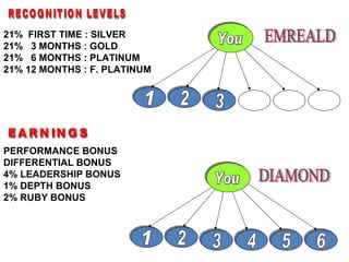 PERFORMANCE BONUS DIFFERENTIAL BONUS 4% LEADERSHIP BONUS 1% DEPTH BONUS 2% RUBY BONUS DIAMOND EMREALD  1 2 3 4 5 6 1 2 3 21%  FIRST TIME : SILVER 21%  3 MONTHS : GOLD 21%  6 MONTHS : PLATINUM 21% 12 MONTHS : F. PLATINUM EARNINGS RECOGNITION LEVELS You You 