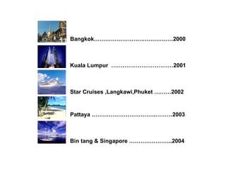 Bangkok……………………………………2000 Kuala Lumpur   ……………………………2001 Star Cruises   ,Langkawi,Phuket   ………2002 Pattaya   …………………………….………2003 Bin tang & Singapore   …………………..2004 