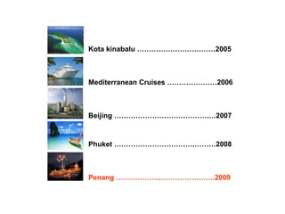 Kota kinabalu   ……………………………2005 Mediterranean Cruises   …………………2006 Beijing   ………………………………….…2007 Phuket   …………………………….………2008 Penang   ……………….…………………..2009 