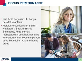 11
BONUS PERFORMANCE
• Jika ABO berjualan, itu hanya
bersifat kuantitatif
• Melalui Keseimbangan Bisnis –
Kegiatan & Struktur Bisnis
Seimbang, Anda berhak
mendapatkan penghargaan atas
keteladanan dan kepemimpianan
serta kepedulian Anda terhadap
group
 