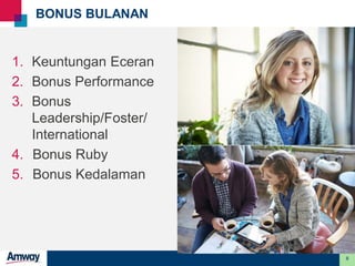 8
BONUS BULANAN
1. Keuntungan Eceran
2. Bonus Performance
3. Bonus
Leadership/Foster/
International
4. Bonus Ruby
5. Bonus Kedalaman
 