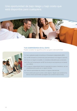 Una oportunidad de bajo riesgo y bajo costo que
está disponible para cualquiera.




               TUS COMPAÑEROS EN EL ÉXITO
               Puedes considerar los siguientes puntos que guían a esta oportunidad:



                1.	 Casi cualquiera puede convertirse en Empresario Independiente (IBO).
                2.	 Los IBO renuevan su compromiso para permanecer en el negocio cada año.
                3.	 Este es un negocio accesible; no necesitas endeudarte para comenzarlo.
                4.	 El Plan de Compensación de IBO de Amway te recompensa por el trabajo
                    que realizas.
                5.	 Tu negocio independiente tiene la capacidad de pasar a herederos, así que
                    verdaderamente puede ser un negocio familiar.
                6.	 Tienes la oportunidad de construir un negocio internacional.
                7.	 No es tarde para que te sumes a este negocio. Alguien que comienza hoy
                    tiene la misma oportunidad que alguien que comenzó hace 50 años.




12
 