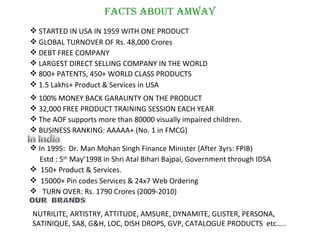 Facts aBoUt aMWaY
 STARTED IN USA IN 1959 WITH ONE PRODUCT
 GLOBAL TURNOVER OF Rs. 48,000 Crores
 DEBT FREE COMPANY
 LARGEST DIRECT SELLING COMPANY IN THE WORLD
 800+ PATENTS, 450+ WORLD CLASS PRODUCTS
 1.5 Lakhs+ Product & Services in USA
 100% MONEY BACK GARAUNTY ON THE PRODUCT
 32,000 FREE PRODUCT TRAINING SESSION EACH YEAR
 The AOF supports more than 80000 visually impaired children.
 BUSINESS RANKING: AAAAA+ (No. 1 in FMCG)

 In 1995: Dr. Man Mohan Singh Finance Minister (After 3yrs: FPIB)
  Estd : 5th May’1998 in Shri Atal Bihari Bajpai, Government through IDSA
 150+ Product & Services.
 15000+ Pin codes Services & 24x7 Web Ordering
 TURN OVER: Rs. 1790 Crores (2009-2010)

NUTRILITE, ARTISTRY, ATTITUDE, AMSURE, DYNAMITE, GLISTER, PERSONA,
SATINIQUE, SA8, G&H, LOC, DISH DROPS, GVP, CATALOGUE PRODUCTS etc…..
 