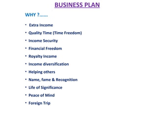 BUSINESS PLAN
WHY ?......
• Extra Income

• Quality Time (Time Freedom)
• Income Security
• Financial Freedom
• Royalty Income
• Income diversification
• Helping others
• Name, fame & Recognition
• Life of Significance
• Peace of Mind
• Foreign Trip
 