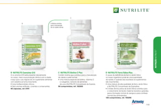 B	 NUTRILITE Coenzima Q10
A co-enzima Q10 está presente naturalmente
no corpo, mas a sua produção diminui com a idade,
é aqui que o uso regural de um suplemento alimentar
com estatina se torna importante.
•	Inclui bioflavonóides cítricos.
•	Sem aromas artificiais, corantes e conservantes.
60 cápsulas, ref. 0191
A Biotina contribui
para a manutenção
de um cabelo normal.
C	 NUTRILITE Biotina C Plus
Contém biotina que contribui para a manutenção
de cabelo e pele normal.
•	Uma mistura especial de biotina, vitamina C
e colagéneo, extracto de sementes
de uva e NUTRILITE Concentrado de Azarola.
90 comprimidos, ref. 100305
D	 NUTRILITE Ferro Fólico Plus
A causa da deficiência de ferro e ácido fólico
no nosso organismo pode ter uma quantidade
de razões. E quando isso acontece os suplementos
são importantes.
•	Uma mistura de alta qualidade de ferro, ácido fólico
e NUTRILITE Concentrado de Espinafres.
•	O folato (forma activa de ácido fólico) contribui para
o crescimento de tecido maternal durante a gravidez,
para a formação normal do sangue e para a síntese
normal dos aminoácidos.
120 comprimidos, ref. 100295
B
C
D
NUTRIÇÃONUTRILITE™
/135
 