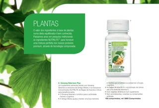 PLANTAS
O valor dos ingredientes à base de plantas
numa dieta equilibrada é bem conhecido.
Passamos anos em pesquisa melhorando
os ingredientes NUTRILITE™
para fornecer
uma mistura perfeita nos nossos produtos
premium, através de tecnologia comprovada.
A	 Ginseng Siberiano Plus
Um suplemento alimentar herbal com Ginseng
Siberiano e extractos de Ginkgo Biloba, e os exclusivos
Concentrados NUTRILITE de Bagas de Azarola e Citrus
para beneficios extra.
•	O Ginseng Siberiano contribui para a actividade
mental e cognitiva.
•	A Ginkgo Biloba ajuda a manter uma boa memória
à medida que envelhece e a preservar a função
cognitiva.
•	As bagas de azarola e o concentrado de citinos
são uma fonte de vitamina C.
•	Dois vegetais dinâmicos num suplemento.
•	Sem aromatizantes, corantes ou conservantes
artificiais.
100 comprimidos, ref. 5985 Comprimidos
A
/138
 