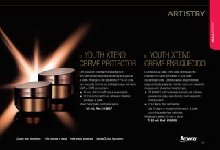 C	 YOUTH XTEND
CREME PROTECTOR
D	 YOUTH XTEND
CREME ENRIQUECIDO
Um luxuoso creme hidratante rico
em antioxidantes para amaciar e suavizar
a pele. A largura de espectro FPS 15 cria
um escudo contra os estragos que os raios
UVA e UVB provocam.
•	O uso diário melhora a suavidade.
•	O Extracto de Fruta Africana Baobá
protege a pele.
Ideal para pele normal a seca
s l 50 ml, Ref. 113807
Cubra a sua pele com este enriquecido
creme nocturno e hidrate a sua pele
durante a noite. Desbloqueia as proteínas
da juventude para se manter com um aspecto
mais jovem durante mais tempo.
•	O LifeSirt estimula a produção de células
jovens na pele, resultando num aspecto
mais jovem.
•	Os Óleos das sementes
de Onagra e limnanto hidratam a pele
com ingredientes naturais.
Ideal para pele normal a seca
s  50 ml, Ref. 113808
C
D
Chave dos símbolos: s Pele normal a seca n Pele mista a oleosa l De dia  Uso Nocturno.
BELEZAARTISTRY™
/15
 