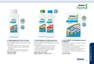 Recognized for Safer Chemistry
www.epa.gov/dfe
Recognized for Safer Chemistry
www.epa.gov/dfe
F	 SA8 TRI-ZYME™
Pré-Tratamento e Activador
do Detergente
Um detergente de dupla acção para quando precisar
de uma limpeza poderosa.
•	Igualmente eficaz para colocar roupas de molho
ou combinado com o seu detergente.
•	Uma única combinação de três enzimas naturais
que se agarram imediatamente às nódoas,
permitindo que o activador do detergente destrua
as mais difíceis.
1 kg, Ref. 110482 s
E	 SA8 Amaciador para Tecidos Concentrado
Vai adorar a fragrância fresca e suave que os nossos
amaciadores Alpine e Garden Blooms dão à sua roupa
e outros tecidos.
•	Ingredientes especialmente formulados para
minimizar o desgaste dos tecidos e reduzir
a electricidade estática durante as lavagens.
•	A fibra dos tecidos é suavizada, tornando
a passagem a ferro mais fácil.
Alpine, 1 litro, Ref. 117076 w u
Garden Blooms, 1 litro, Ref. 117077 w u
D	 SA8 Branqueador para Todos os Tecidos
A fórmula poderosa que combate as nódoas mais
difíceis, deixando os brancos mais vivos e as cores
mais intensas.
•	A formula de oxigénio activo foi especialmente
desenvolvida para aumentar a eficácia durante
as lavagens.
•	Adequado para lavagens à mão e à máquina.
•	Altamente eficaz a todas as temperaturas.
500 g, Ref. 110534 u
1 kg, Ref. 110481 u
D E
F
LAREDIAADIAAMWAYHOME™
/163
 