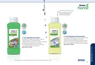 Recognized for Safer Chemistry
www.epa.gov/dfe Recognized for Safer Chemistry
www.epa.gov/dfe
Os seus ingredientes de base natural
proporcionam limpeza poderosa
sem conter abrasivos danosos.
D	 L.O.C. Detergente para Casa de Banho
Um poderoso detergente concentrado que combate
eficazmente toda a sujidade do seu quarto
de banho, até mesmo resíduos de sabão e calcário.
•	Fórmula de derivados naturais livre de abrasivos.
•	Com uso regular evita o aparecimento de sujidade.
500 ml, Ref. 117078 w
C	 L.O.C. Detergente para Cozinha
O detergente completo concentrado, poderoso.
Limpa sem esforço sujidade e gorduras
entranhadas na cozinha, mesmo a gordura mais difícil
das bancadas de trabalho da sua cozinha.
•	A fórmula de derivados naturais que lhe deixa
um brilho sem riscos e sem tóxicos.
500 ml, Ref. 117079 w
n z l w u s ] : Procure na página 179 os símbolos adequados que permitam escolher o dispensador/aplicador correcto.
C D
LAREDIAADIAAMWAYHOME™
/167
 