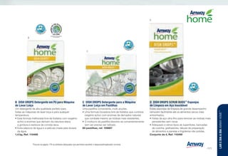 Recognized for Safer Chemistry
www.epa.gov/dfe
B	 DISH DROPS Detergente em Pó para Máquina
de Lavar Loiça
Um detergente de alta qualidade perfeito para
todas as máquinas de lavar loiça e para qualquer
temperatura.
•	Esta fórmula melhorada livre de fosfatos com oxigénio
activo e enzimas que derivam da natureza ataca
a gordura e resíduos de comida seca.
•	Evita salpicos de água e a película criada pela dureza
da água.
1,4 kg, Ref. 110489
C	 DISH DROPS Detergente para a Máquina
de Lavar Loiça em Pastilhas
Uma pastilha conveniente, multi-acções.
•	Uma fórmula inovadora livre de fosfatos que combina
oxigénio activo com enzimas de derivados naturais
que combate mesmo as nódoas mais resistentes.
•	O invólucro da pastilha dissolve-se convenientemente
sem ser preciso ser retirado.
60 pastilhas, ref. 109867
D	 DISH DROPS SCRUB BUDS™
Esponjas
de Limpeza em Aço Inoxidável
Estas esponjas de limpeza de grande desempenho
removem facilmente até os alimentos secos mais
entranhados. 
•	Feitas de aço ultra-fino para remover as nódoas mais
persistentes sem riscar.
•	Adequado a vários tipos de superfícies, bancadas
de cozinha, grelhadores, tábuas de preparação
de alimentos e panelas e frigideiras não polidas.
Conjunto de 4, Ref. 110490
n z l w u s ] : Procure na página 179 os símbolos adequados que permitam escolher o dispensador/aplicador correcto.
B
C
D
LAREDIAADIAAMWAYHOME™
/171
 