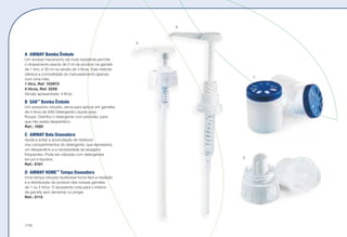 A	 AMWAY Bomba Êmbolo
Um durável mecanismo de mola resistente permite
o doseamento exacto de 3 ml de produto na garrafa
de 1 litro, e 30 ml na versão de 4 litros. Este método
oferece a comodidade do manuseamento apenas
com uma mão.
1 litro, Ref. 103972 n
4 litros, Ref. 2258 n
Versão apresentada: 4 litros.
B	SA8™
Bomba Êmbolo
Um acessório robusto, serve para aplicar em garrafas
de 4 litros de SA8 Detergente Líquido para
Roupa. Distribui o detergente com precisão, para
que não exista desperdício.
Ref.: 1560 z
C	 AMWAY Bola Doseadora
Ajuda a evitar a acumulação de resíduos
nos compartimentos do detergente, que representa
um desperdício e a necessidade de lavagens
frequentes. Pode ser utilizada com detergentes
em pó e líquidos.
Ref.: 5101 s
D	 AMWAY HOME™
Tampa Doseadora
Uma tampa robusta reutilizável torna fácil a medição
e a distribuição do produto das nossas garrafas
de 1 ou 4 litros. O excedente volta para o interior
da garrafa sem derramar ou pingar.
Ref.: 5113 u
A
B
C
D
/178
 