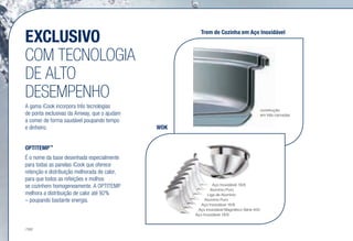 EXCLUSIVO
COM TECNOLOGIA
DE ALTO
DESEMPENHO
A gama iCook incorpora três tecnologias
de ponta exclusivas da Amway, que o ajudam
a comer de forma saudável poupando tempo
e dinheiro.
OPTITEMP™
É o nome da base desenhada especialmente
para todas as panelas iCook que oferece
retenção e distribuição melhorada de calor,
para que todos as refeições e molhos
se cozinhem homogeneamente. A OPTITEMP
melhora a distribuição de calor até 92%
– poupando bastante energia.
Aço Inoxidável 18/8
Alumínio Puro
Liga de Alumínio
Alumínio Puro
Aço Inoxidável 18/8
Aço Inoxidável Magnético Série 400
Aço Inoxidável 18/8
Trem de Cozinha em Aço Inoxidável
WOK
construção
em três camadas
/182
 