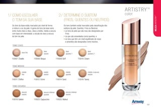 TONS LEVES
TONS ESCUROS
TONS MÉDIOS
110007 Chablis
leve frio
110019 Golden
escuro
neutro
110011 Chiffon
médio
frio
110009 Buff
leve
quente 1
110025 Walnut
escuro intenso
neutro
110014 Sand
médio
quente
110008 Bisque
leve
neutro
110023 Cappuccino
escuro intenso
quente
110012 Ochre
médio
neutro
110010 Cream
leve
quente 2
110016 Tawny
médio a escuro
neutro
COMO ESCOLHER
O TOM DA SUA BASE
1/ DETERMINE O SUBTOM
(FRIOS, QUENTES OU NEUTROS)
2/
Os tons da base estão marcados por nível de forma
a indicar a cor da pele. A gama de tons da base varia
entre muito clara a clara, clara a média, média a escura
com base em intensidade: a escala de clara a escura
do tom de pele.
Os tons também estão marcados pela classificação dos
subtons da pele: Quentes, Frios ou Neutros:
•	os tons da pele que são rosa são designados por
Frios
•	os que são amarelados como quentes, e
•	os tons que têm um nível equilibrado de rosas
e amarelos são designados como neutros.
BELEZAARTISTRY™
/37
 