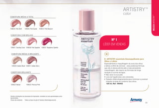 Nº 1
LÍDER EM VENDAS
109634 Pink Shell 109640 Pink Suede 109643 Pink Blossom
COBERTURA MÉDIA A TOTAL
109639 Golden Blush 109641 Golden Berry
COBERTURA MÉDIA A BRILHANTE
109632 Nectar 109633 Precious Pink
COBERTURA BRILHANTE
109637 Raspberry Sparkle109631 Dazzling Coral 109636 Pink Sapphire
COBERTURA COM BRILHOS
Devido a limitações nos processos de impressão, considere os tons apresentados como
aproximados.
B	 ARTISTRY essentials Desmaquilhante para
Olhos e Lábios
Especialmente a maquilhagem da zona dos olhos
e lábios é difícil de remover - esta poderosa fórmula
que não é oleosa elimina até a mais persistente
maquilhagem, até mesmo as fórmulas de longa
duração e à prova de água.
•	Não seca na sua pele.
•	Livre de fragrâncias e de colorantes.
•	Testado oftalmologicamente para minimizar a possível
irritação na área do contorno dos olhos.
u 120 ml, Ref. 106403
B
Chave dos símbolos: u Todos os tipos de pele • Testado oftalmologicamente.
BELEZAARTISTRY™
/51
 