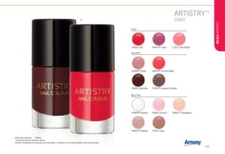 108669
*Paradise 108665 Innocent 108667
*Champagne
108663
*Goddess H 113834 Grace H
NEUTRO
108660 Diva 108661
*Fusion H 113833 Pink Delight H
FRIO
108668
*Desire H 108664
*Summer Nights H
108658 Seduction 113835
*Caramel Chocolate
QUENTE
Chave dos símbolos: H Gélidas.
* Disponível até ao limite dos stocks.
Devido a limitações nos processos de impressão, considere os tons apresentados como aproximados.
B
BELEZAARTISTRY™
/53
 