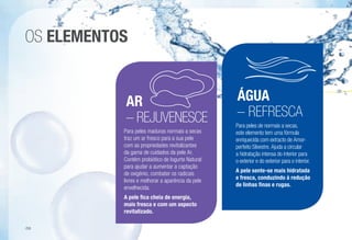 OS ELEMENTOS
AR
– REJUVENESCE
ÁGUA
– REFRESCA
Para peles maduras normais a secas
traz um ar fresco para a sua pele
com as propriedades revitalizantes
da gama de cuidados da pele Ar.
Contém probiótico de Iogurte Natural
para ajudar a aumentar a captação
de oxigénio, combater os radicais
livres e melhorar a aparência da pele
envelhecida.
A pele fica cheia de energia,
mais fresca e com um aspecto
revitalizado.
Para peles de normais a secas,
este elemento tem uma fórmula
enriquecida com extracto de Amor-
perfeito Silvestre. Ajuda a circular
a hidratação intensa do interior para
o exterior e do exterior para o interior.
A pele sente-se mais hidratada
e fresca, conduzindo à redução
de linhas finas e rugas.
/58
 