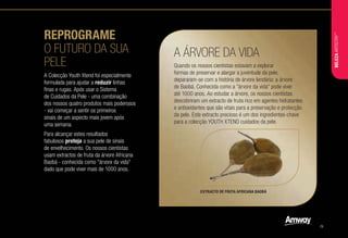 REPROGRAME
O FUTURO DA SUA
PELE
A ÁRVORE DA VIDA
A Colecção Youth Xtend foi especialmente
formulada para ajudar a reduzir linhas
finas e rugas. Após usar o Sistema
de Cuidados da Pele - uma combinação
dos nossos quatro produtos mais poderosos
- vai começar a sentir os primeiros
sinais de um aspecto mais jovem após
uma semana.
Para alcançar estes resultados
fabulosos proteja a sua pele de sinais
de envelhecimento. Os nossos cientistas
usam extractos de fruta da árvore Africana
Baobá - conhecida como "árvore da vida"
dado que pode viver mais de 1000 anos.
Quando os nossos cientistas estavam a explorar
formas de preservar e alargar a juventude da pele,
depararam-se com a história de árvore lendária: a árvore
de Baobá. Conhecida como a "árvore da vida" pode viver
até 1000 anos. Ao estudar a árvore, os nossos cientistas
descobriram um extracto de fruta rico em agentes hidratantes
e antioxidantes que são vitais para a preservação e protecção
da pele. Este extracto precioso é um dos ingredientes-chave
para a colecção YOUTH XTEND cuidados da pele.
EXTRACTO DE FRUTA AFRICANA BAOBÁ
BELEZAARTISTRY™
/9
 