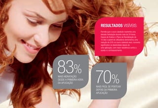 RESULTADOS VISÍVEIS:
Permite que o couro cabeludo mantenha uma
elevada hidratação durante mais de 24 horas.
Depois de finalizar o Plano de Revitalização de
15 dias o painel de utilizadores demonstrou uma
redução de 53% no couro cabeludo seco. Aumento
significativo na elasticidade depois de
uma aplicação, com maior resistência contra a
queda e o enfraquecimento.
83%MAIS HIDRATAÇÃO
DESDE A PRIMEIRA HORA
DA APLICAÇÃO 70%MAIS FÁCIL DE PENTEAR
DEPOIS DA PRIMEIRA
APLICAÇÃO
/96
 