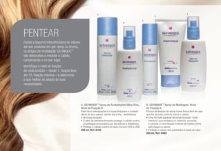 A	SATINIQUE™
Spray de Acabamento Ultra-Fino,
Nível de Fixação 6
Esta micro nebulização é o toque final para o cuidado
diário do seu cabelo, dando-lhe brilho, flexibilidade
e de longa duração.
•	O óleo da semente limnanto protege o cabelo contra
os estragos provocados por secadores e alisadores.
•	Protege o cabelo contra os raios nocivos UVA e UVB.
250 ml, Ref. 5105
B	SATINIQUE™
Spray de Moldagem, Nível
de Fixação 5
A força de fixação do spray numa forma fácil de usar
que lhe dá total controlo sobre o cabelo.
•	Uma fórmula especial de longa duração "style
memory" que revitaliza os caracóis, aumenta
o volume, e com fixação invisível de média a forte
sem pegar ou lascar.
•	Protege o cabelo dos penteados à base de calor
200 ml, Ref. 5090
PENTEAR
Desde a espuma intensificadora do volume
até aos produtos em gel, spray ou bruma,
os artigos de modelação SATINIQUE™
são destinados a modelar o cabelo,
conservando-o no seu lugar.
Identifique o nível de fixação
de cada produto – desde 1, fixação leve,
até 10, fixação máxima – e seleccione
o que melhor se adapta às suas
necessidades.
A
B
C
D
E
/98
 