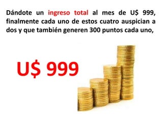 Dándote un ingreso total al mes de U$ 999,
finalmente cada uno de estos cuatro auspician a
dos y que también generen 300 puntos cada uno,




   U$ 999
 