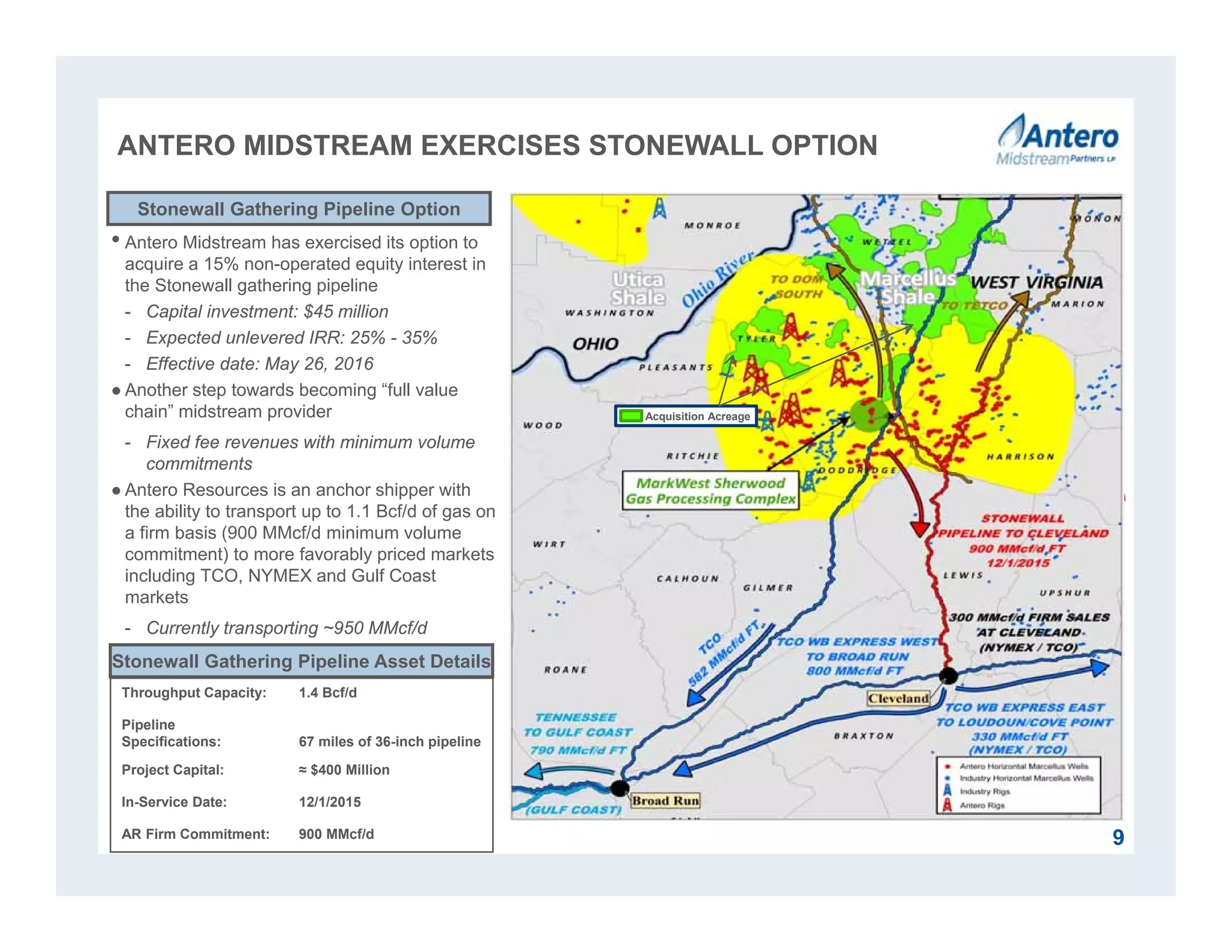 ANTERO MIDSTREAM EXERCISES STONEWALL OPTION
• Antero Midstream has exercised its option to
acquire a 15% non-operated equity interest in
the Stonewall gathering pipeline
- Capital investment: $45 million
- Expected unlevered IRR: 25% - 35%
- Effective date: May 26, 2016
● Another step towards becoming “full value
chain” midstream provider
- Fixed fee revenues with minimum volume
commitments
● Antero Resources is an anchor shipper with
the ability to transport up to 1.1 Bcf/d of gas on
a firm basis (900 MMcf/d minimum volume
commitment) to more favorably priced markets
including TCO, NYMEX and Gulf Coast
markets
- Currently transporting ~950 MMcf/d
Stonewall Gathering Pipeline Option
Throughput Capacity: 1.4 Bcf/d
Pipeline
Specifications: 67 miles of 36-inch pipeline
Project Capital: ≈ $400 Million
In-Service Date: 12/1/2015
AR Firm Commitment: 900 MMcf/d 9
Stonewall Gathering Pipeline Asset Details
Acquisition Acreage
 