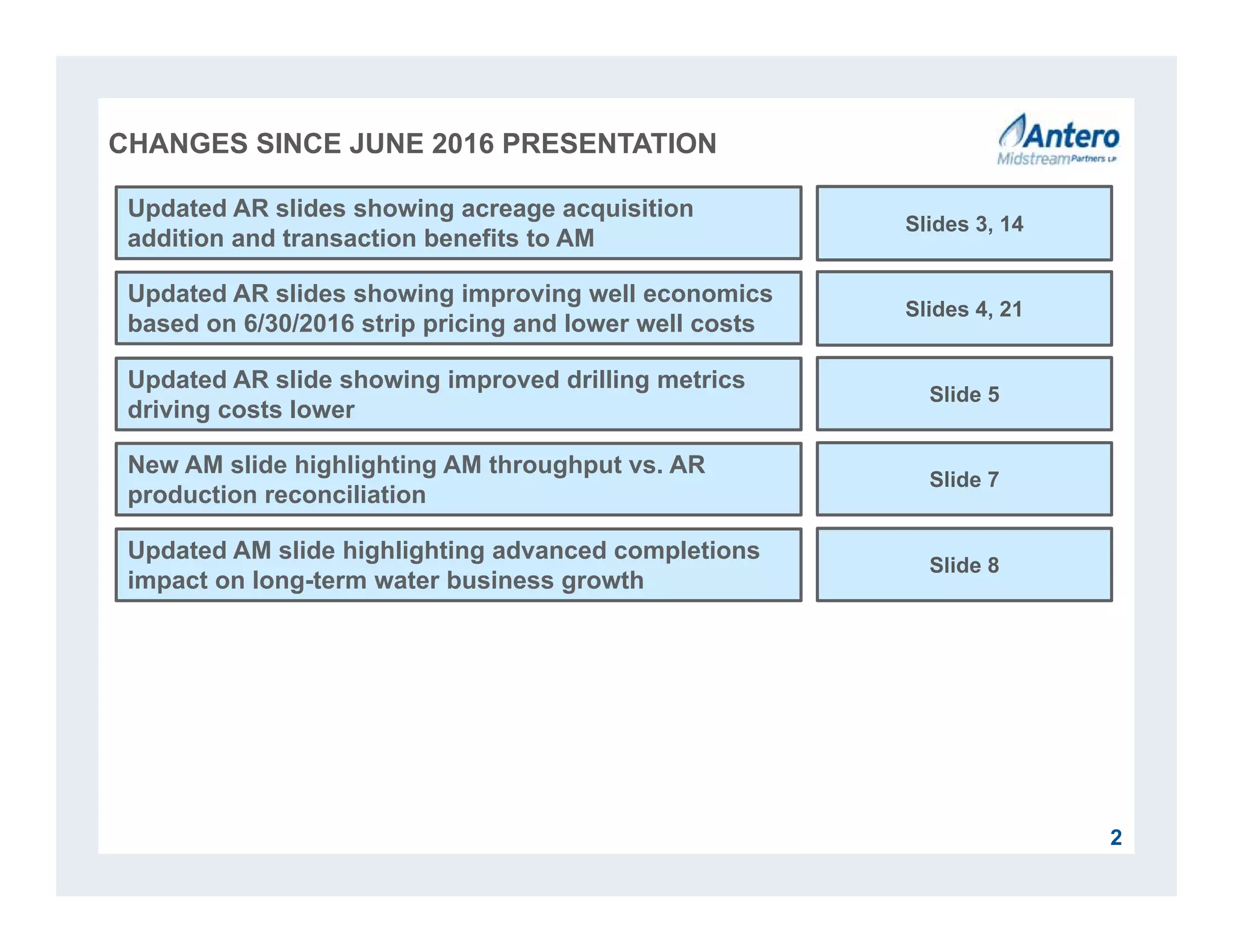 2
CHANGES SINCE JUNE 2016 PRESENTATION
New AM slide highlighting AM throughput vs. AR
production reconciliation
Slide 7
Updated AR slides showing improving well economics
based on 6/30/2016 strip pricing and lower well costs
Slides 4, 21
Updated AM slide highlighting advanced completions
impact on long-term water business growth
Slide 8
Updated AR slides showing acreage acquisition
addition and transaction benefits to AM
Slides 3, 14
Updated AR slide showing improved drilling metrics
driving costs lower
Slide 5
 