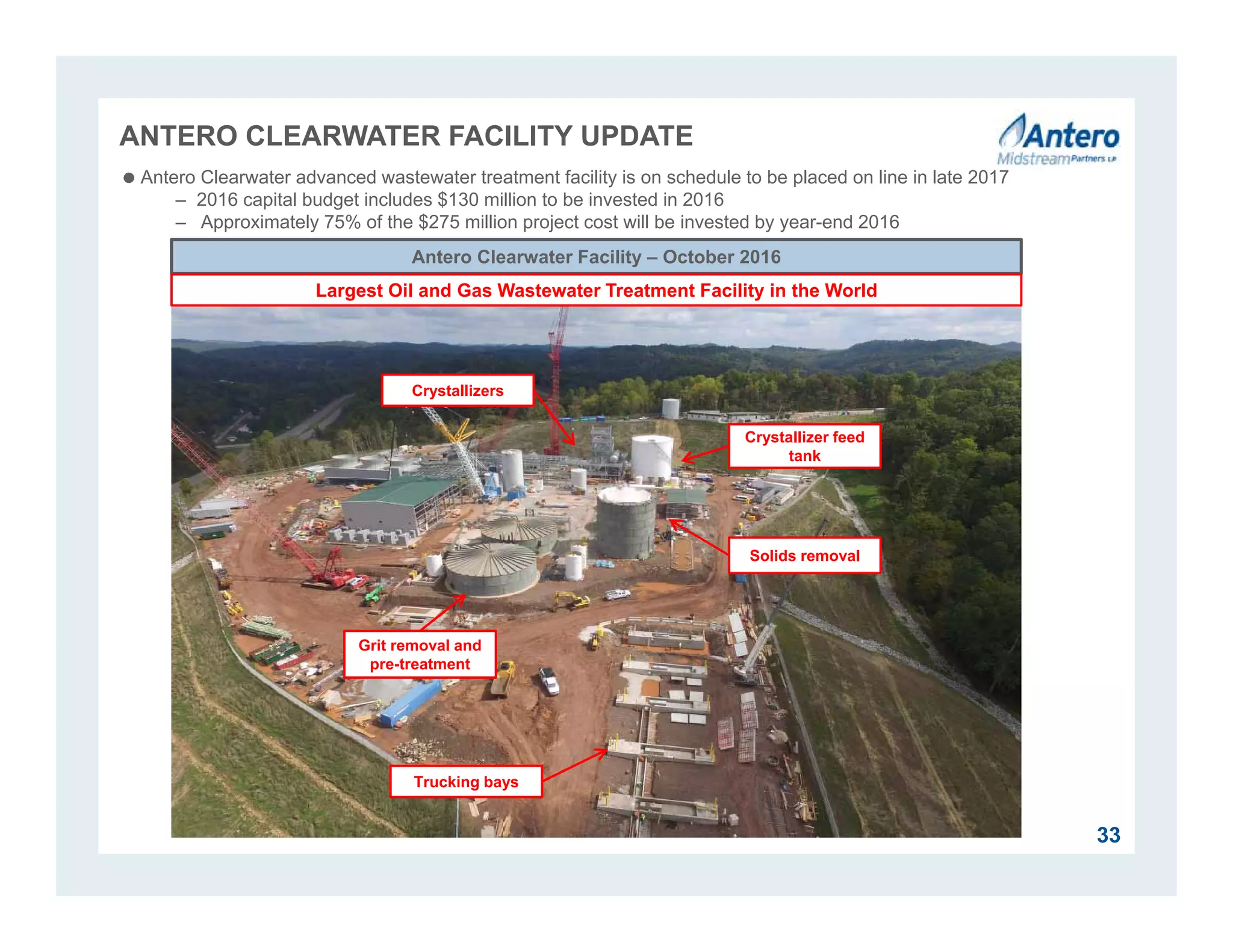 ANTERO CLEARWATER FACILITY UPDATE
Antero Clearwater Facility – October 2016
Antero Clearwater advanced wastewater treatment facility is on schedule to be placed on line in late 2017
‒ 2016 capital budget includes $130 million to be invested in 2016
‒ Approximately 75% of the $275 million project cost will be invested by year-end 2016
Trucking bays
Crystallizers
Grit removal and
pre-treatment
Crystallizer feed
tank
Solids removal
33
Largest Oil and Gas Wastewater Treatment Facility in the World
 